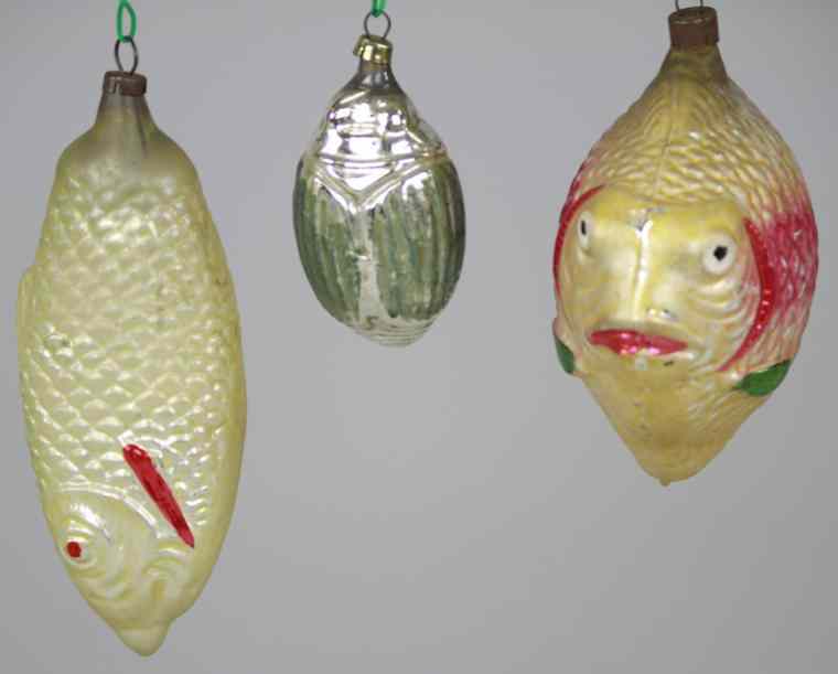 Appraisal: TWO FISH AND BEETLE GLASS ORNAMENTS Germany three blown glass