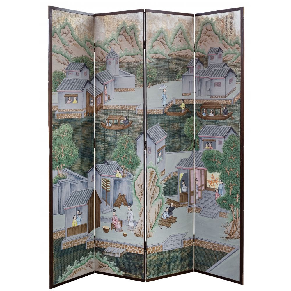 Appraisal: ASIAN HAND PAINTED FOLDING SCREEN panel screen painted on paper