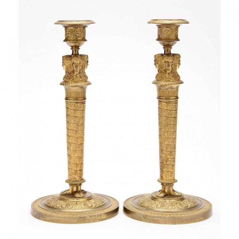 Appraisal: Pair of French Greek Revival Brass Candlesticks circa caryatid form