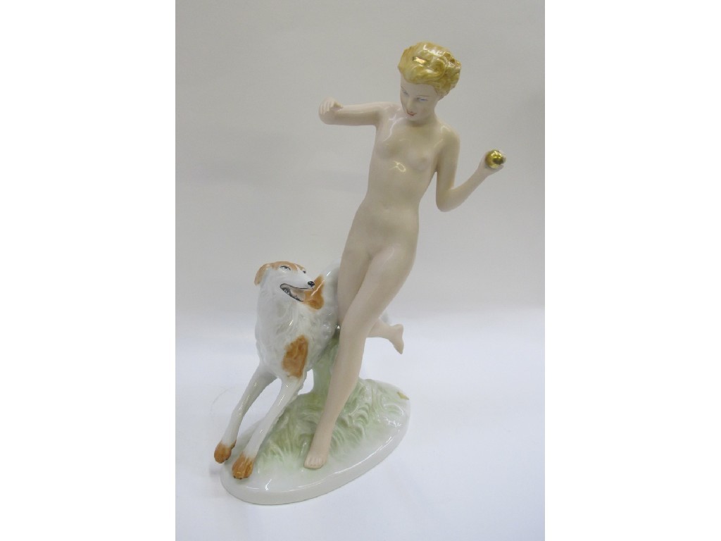 Appraisal: Royal Dux figure of a girl running with a Borzoi