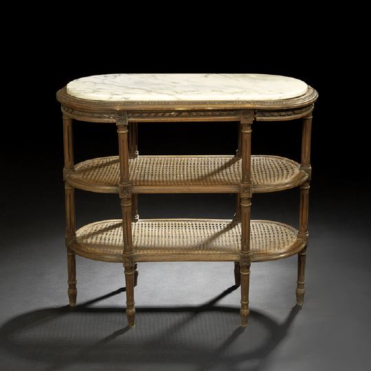 Appraisal: Louis XVI-Style Fruitwood and Marble-Top Tiered Table early th century