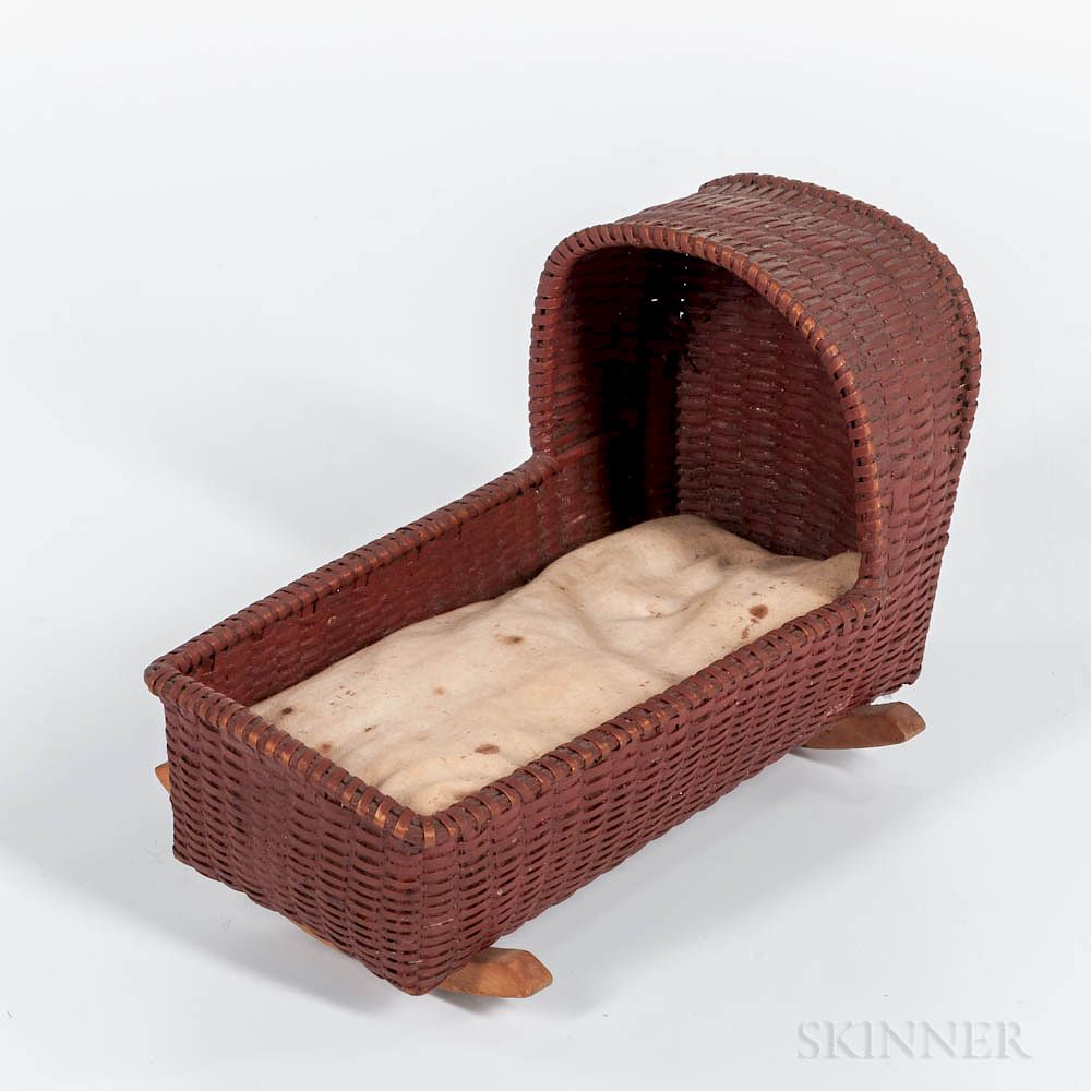 Appraisal: Red-painted Woven Splint Doll's Cradle Red-painted Woven Splint Doll's Cradle