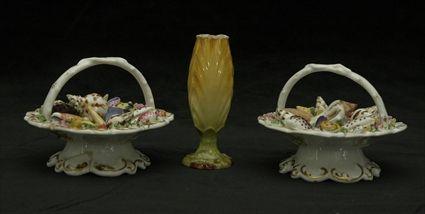 Appraisal: Pair of Chamberlains Worcester Porcelain Shell-Encrusted Baskets Marked Chamberlains Worcester