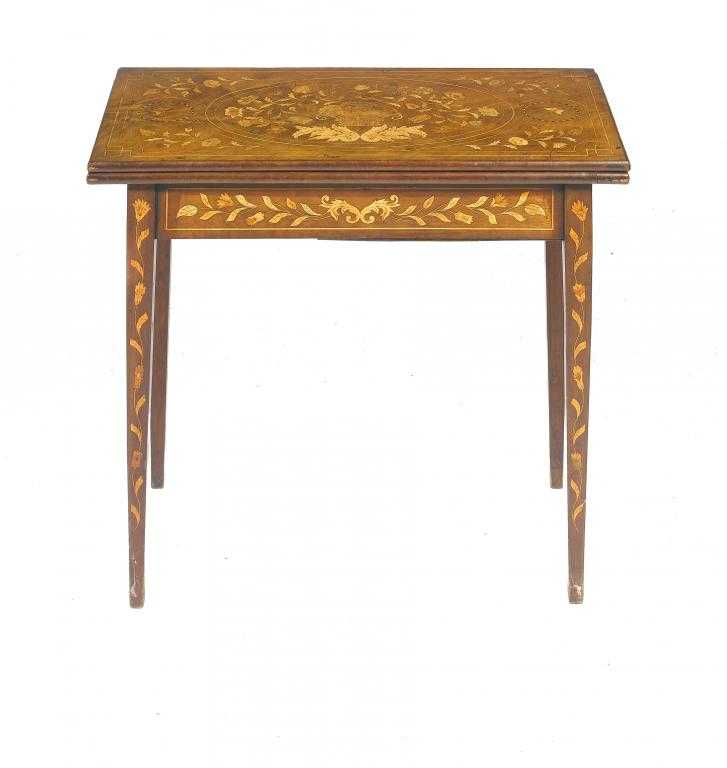 Appraisal: A DUTCH FLORAL MARQUETRY CARD TABLE the rectangular fold-over top