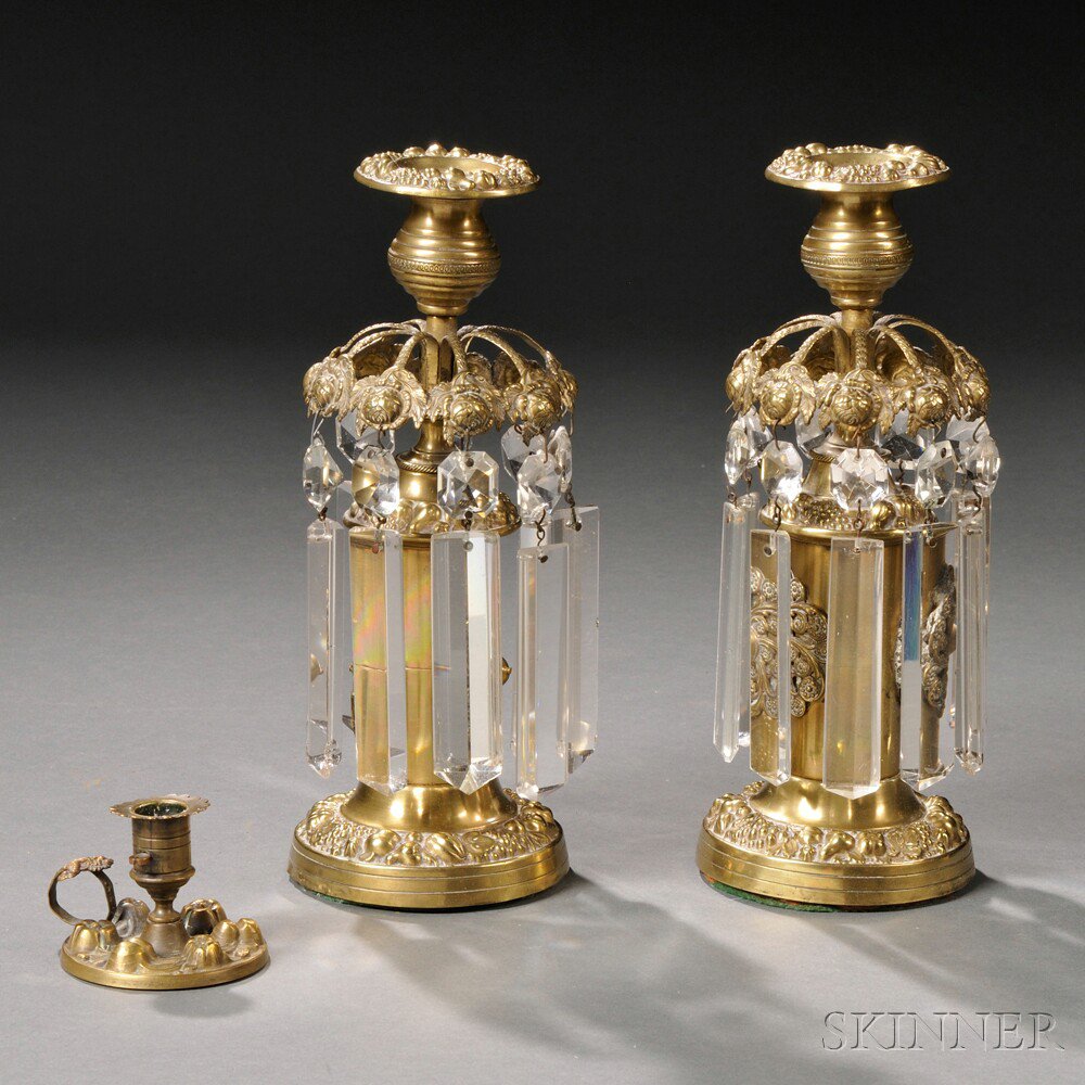 Appraisal: Pair of Pressed Brass and Glass Candlesticks and a Small