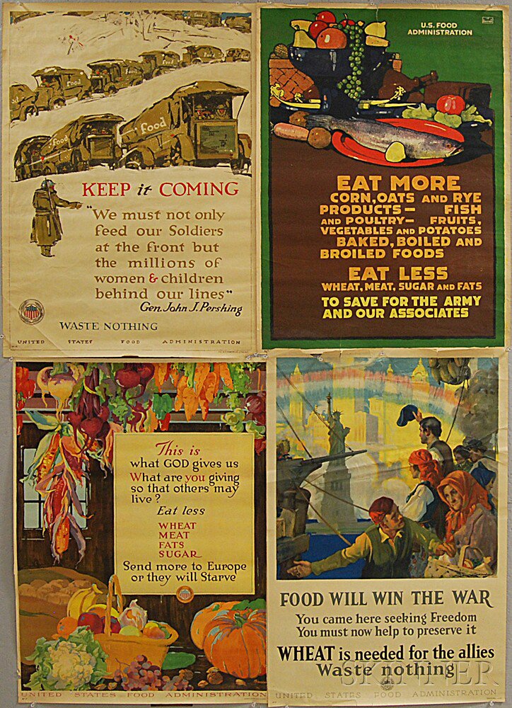 Appraisal: Four Rations-related WWI Lithograph Posters Send more to Europe or