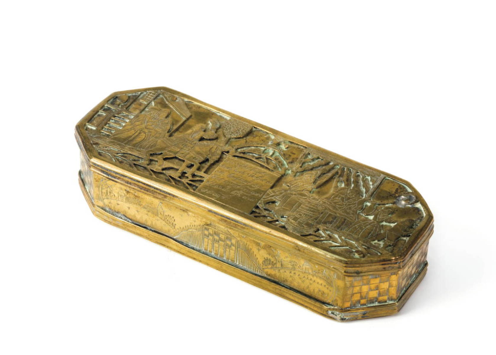 Appraisal: EXCEPTIONAL DUTCH ENGRAVED BRASS TOBACCO BOX EIGHTEENTH CENTURY The cover