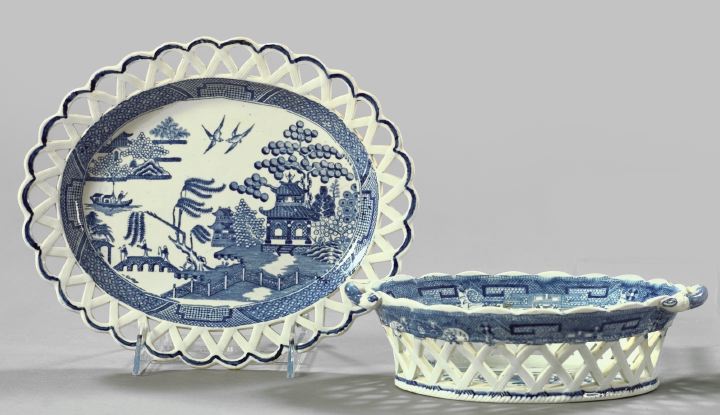 Appraisal: Rare Leeds Blue Transfer-Printed Creamware Fruit Basket and Underplate fourth