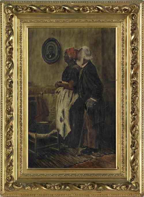 Appraisal: American oil on canvas interior scene of an black couple