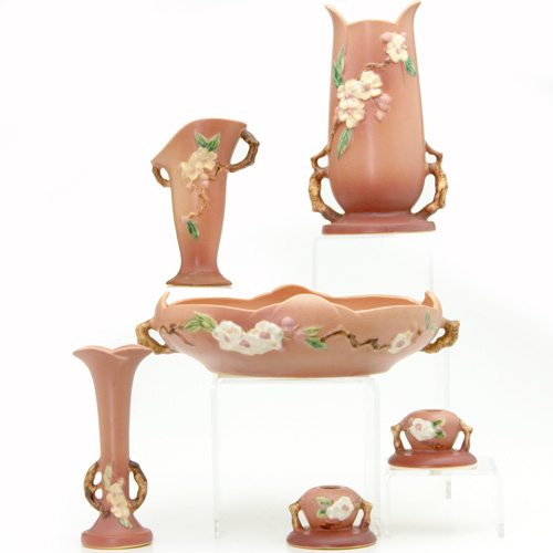 Appraisal: ROSEVILLE Six pink Apple Blossom pieces three vases - -