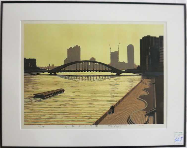 Appraisal: MOTOSUGU SUGIYAMA WOODCUT Japan born View of Tokyo with bridge