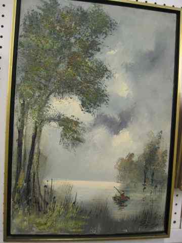 Appraisal: Oil on Canvas Fisherman on a Lake signed illigble image