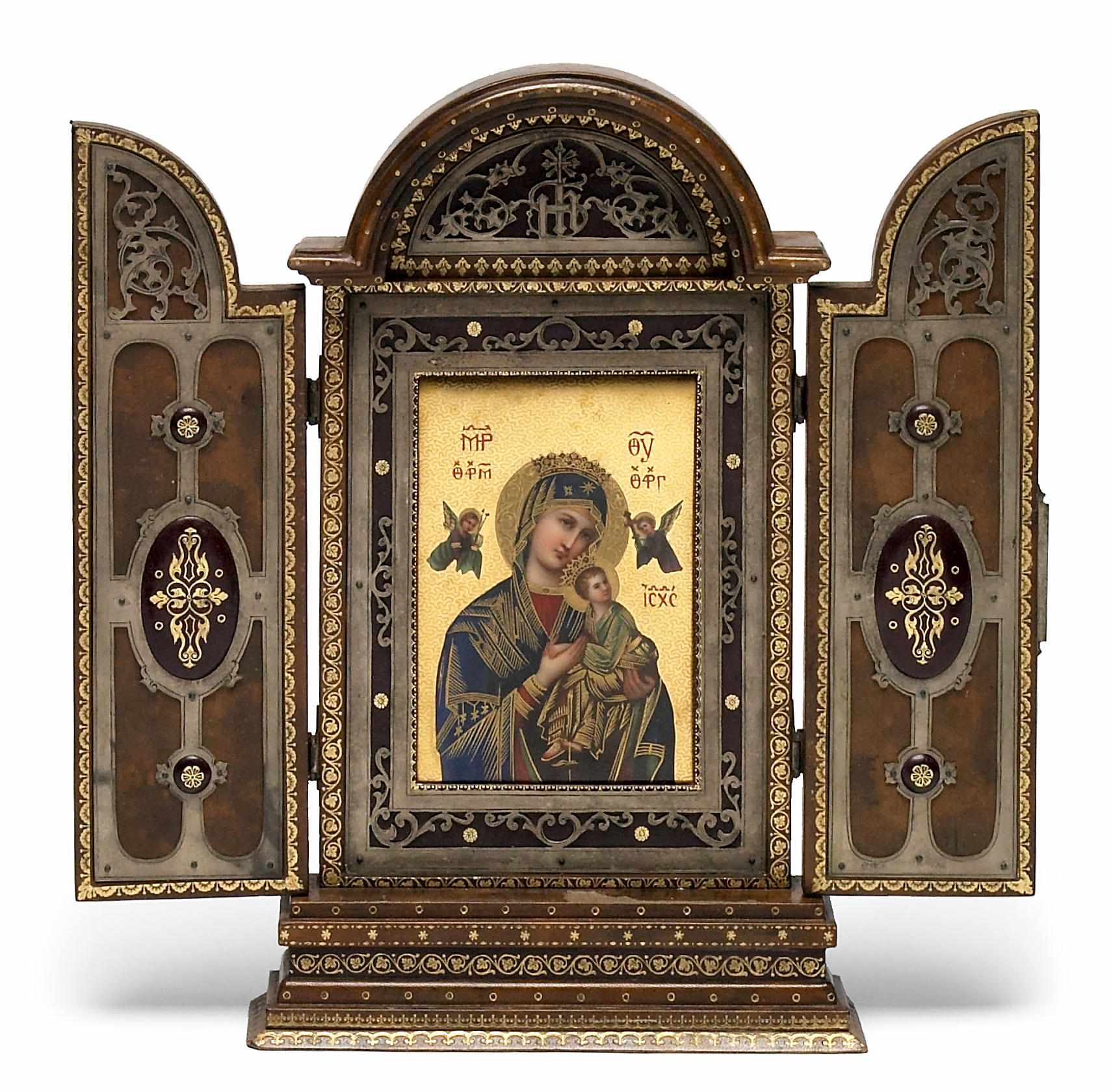 Appraisal: An Italian tooled leather white metal and porcelain icon circa