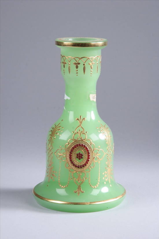 Appraisal: ENAMELLED GREEN GLASS HOOKAH BASE th century Continuous scrolling design