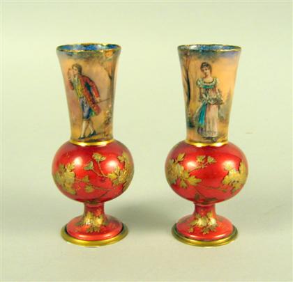 Appraisal: Pair of Limoges enamel vases Baluster form the necks painted