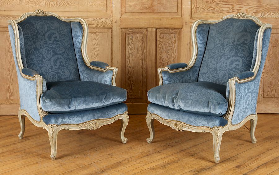 Appraisal: PAIR FRENCH PAINTED LOUIS XV STYLE BERGERE CHAIRS A pair