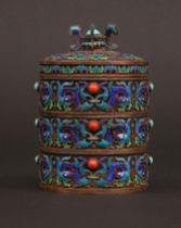 Appraisal: Cloisonne Compartmental Spice Container Tri-level sterling silver container features a