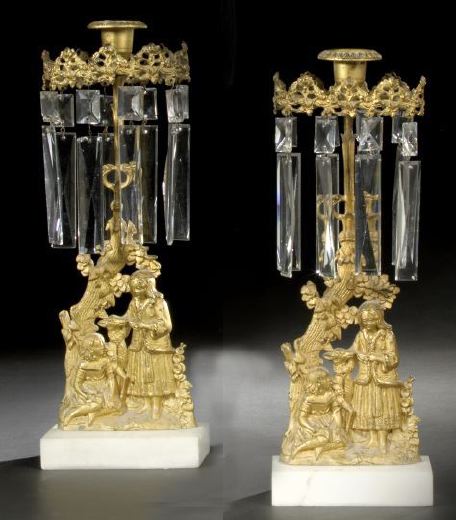 Appraisal: Pair of American Gilt-Lacquered Brass Marble and Cut Glass Girandoles