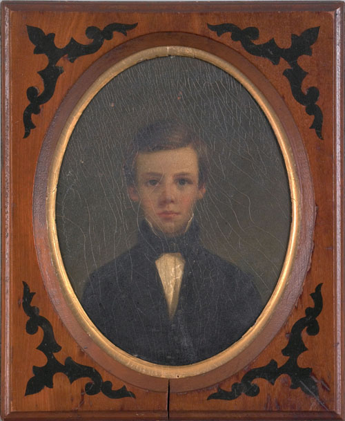 Appraisal: American oil on board portrait of a boy ca x