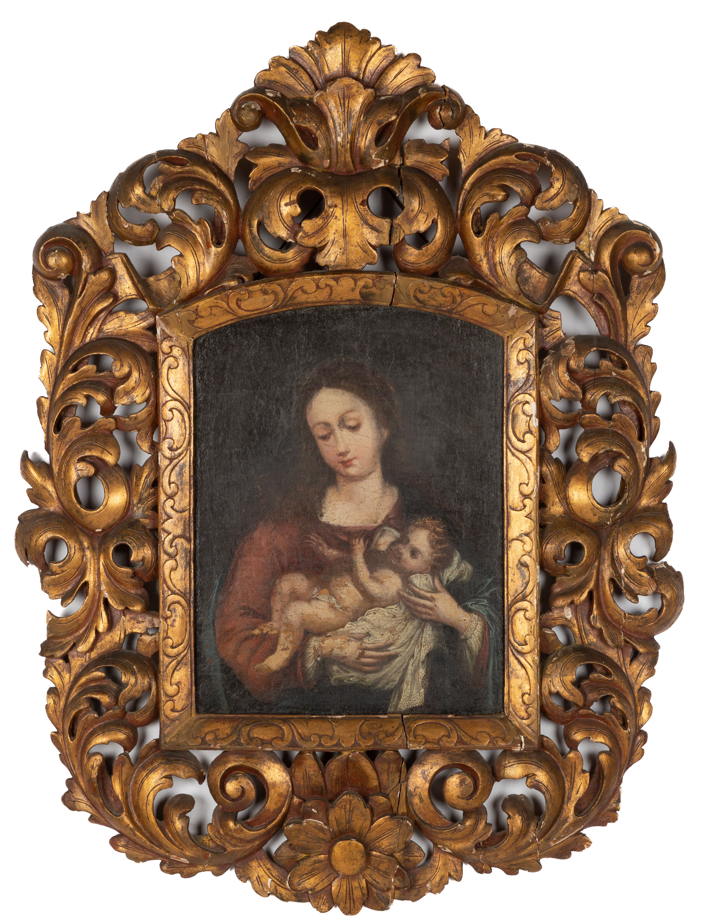 Appraisal: OLD MASTER'S STYLE PAINTING OF MADONNA AND CHILD Carved giltwood