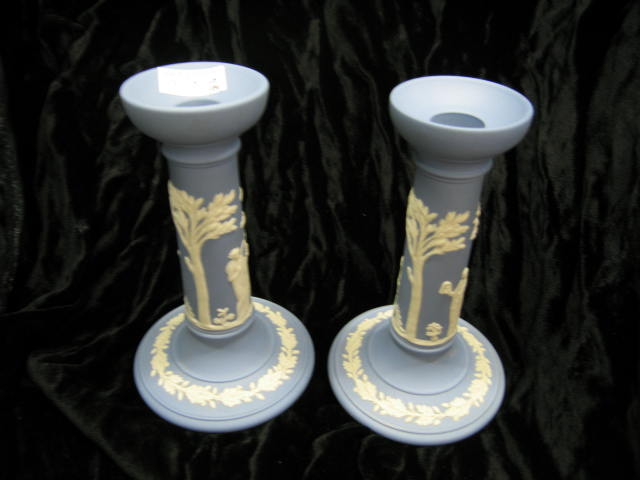 Appraisal: Wedgwood Jasperware Candlesticks blue classical scenes