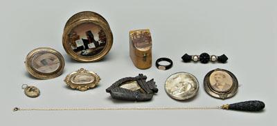 Appraisal: Nine pieces mourning jewelry six brooches one with painted scene