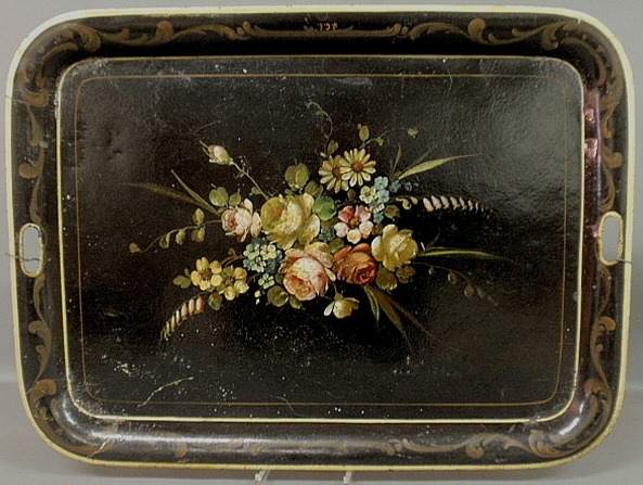 Appraisal: - Large black Tole decorated tray late th c the