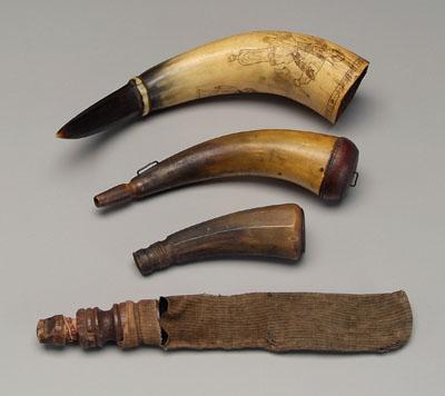 Appraisal: Three powder horns shot bag one powder horn with possibly