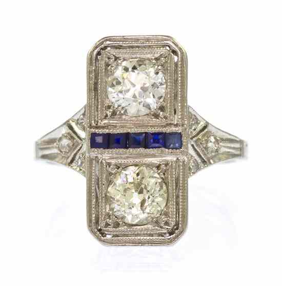 Appraisal: An Art Deco Platinum Diamond and Sapphire Ring containing two