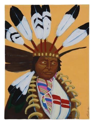 Appraisal: Unframed acrylic painting on paper Portrait of a Native American