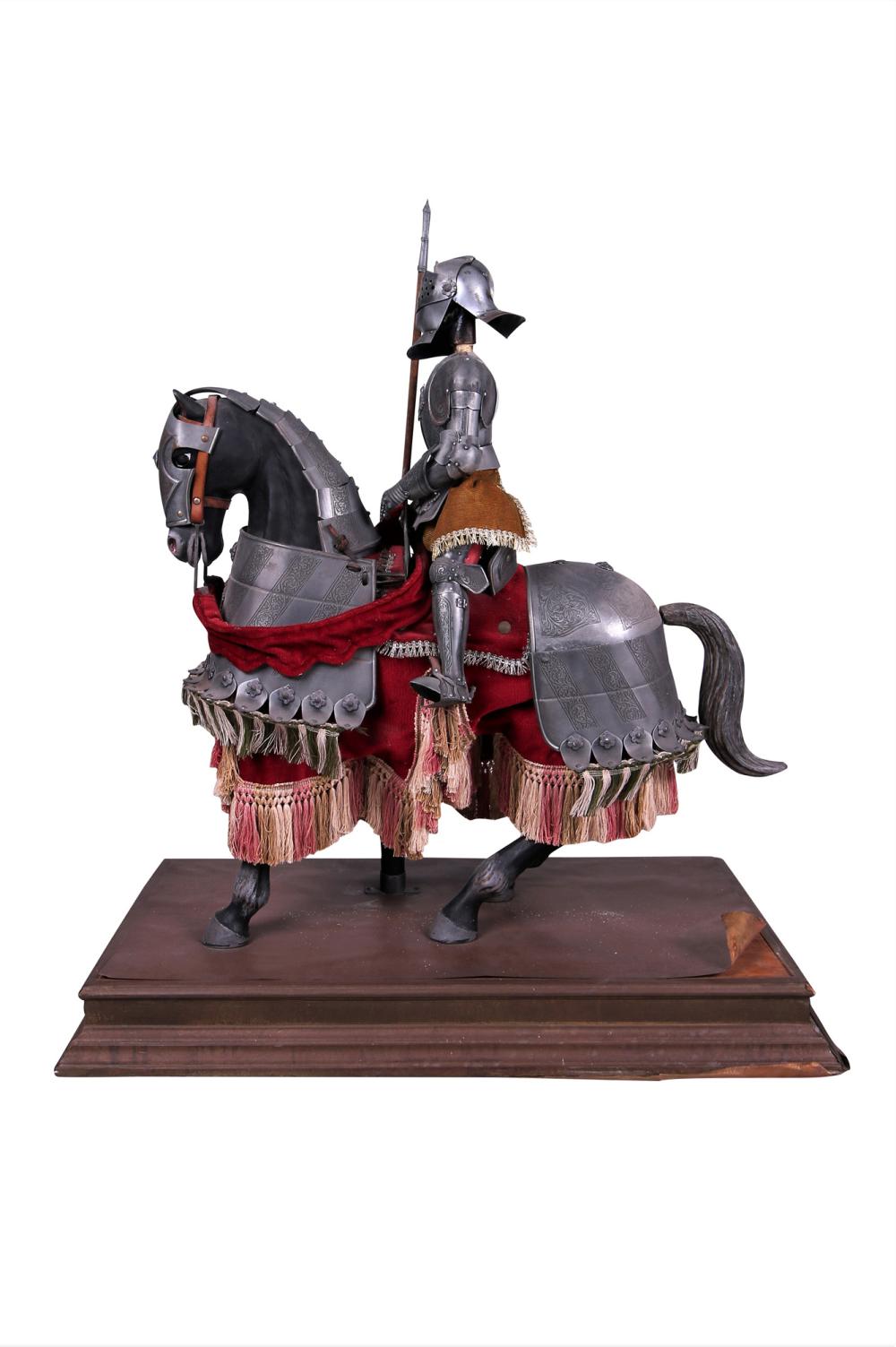 Appraisal: KNIGHT ON HORSEBACK MODELcarved wood metal and fabric set on