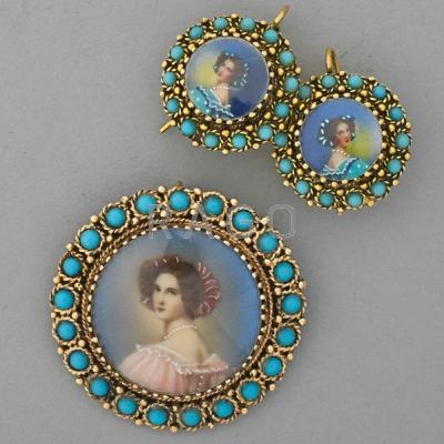 Appraisal: PORTRAIT MINIATURE BROOCH AND EARRINGS th C Tinted and glazed