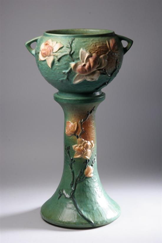 Appraisal: ROSEVILLE ART POTTERY MAGNOLIA JARDINI RE AND PEDESTAL Roseville U