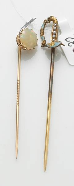 Appraisal: Two gem-set enamel k and k gold stick pins loss