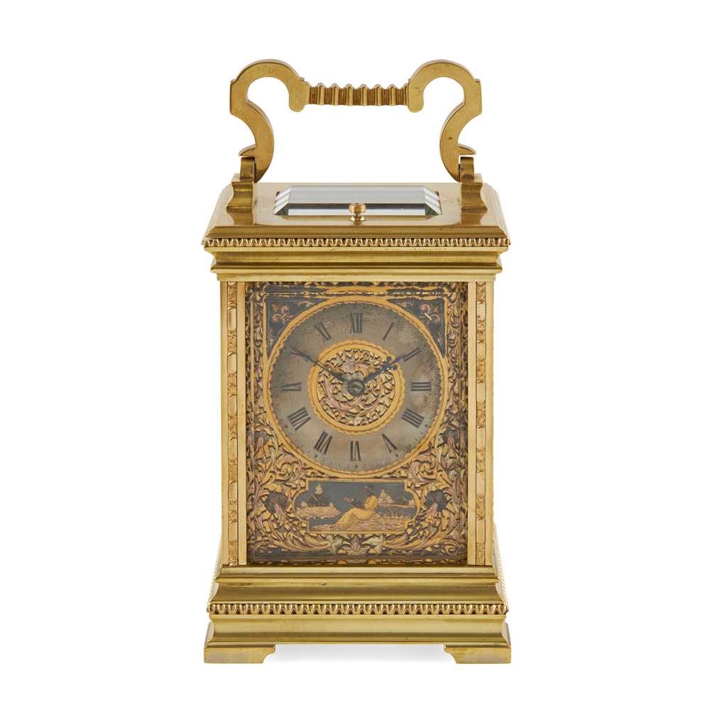 Appraisal: FRENCH GILT BRASS AND THREE-TONE GOLD REPEATER CARRIAGE CLOCK ATTRIBUTED