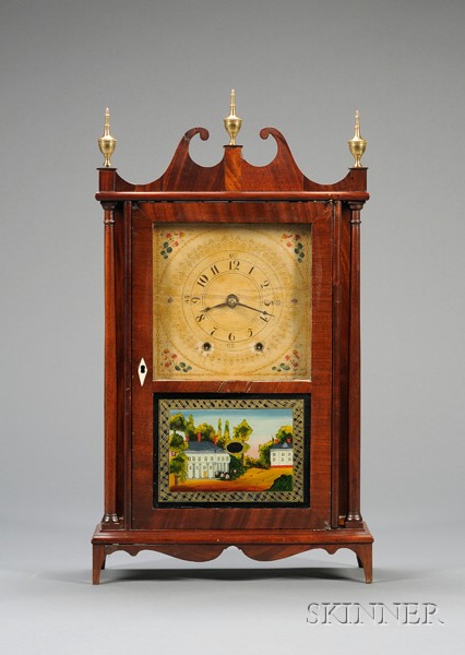 Appraisal: Miniature Mahogany Pillar and Scroll Clock by Mark Leavenworth Waterbury