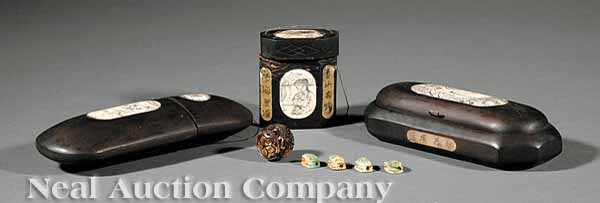 Appraisal: A Group of Asian Accessories including three Chinese wooden boxes