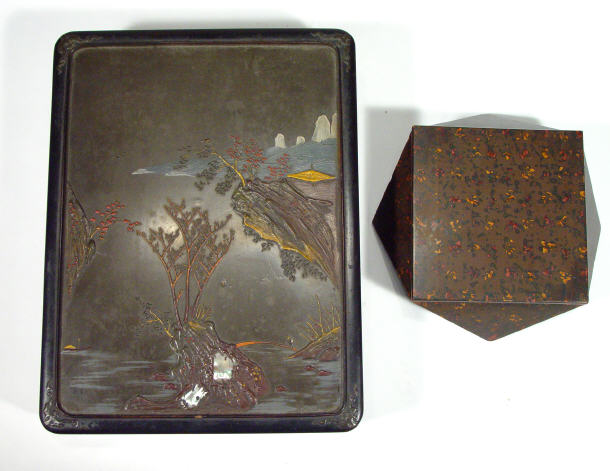 Appraisal: Rectangular Oriental lacquered box carved and painted with mountains and