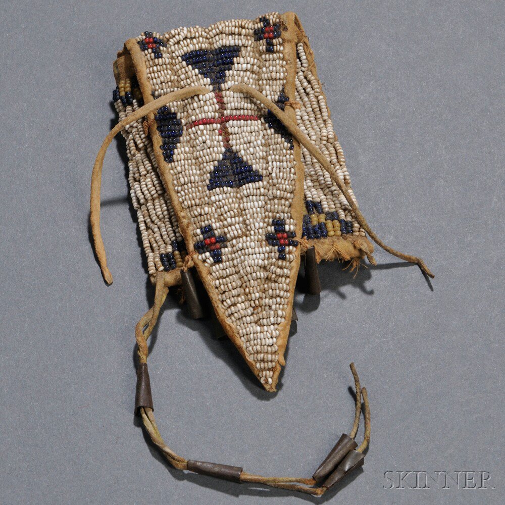 Appraisal: Central Plains Beaded Hide Pouch missing some tin cones lg