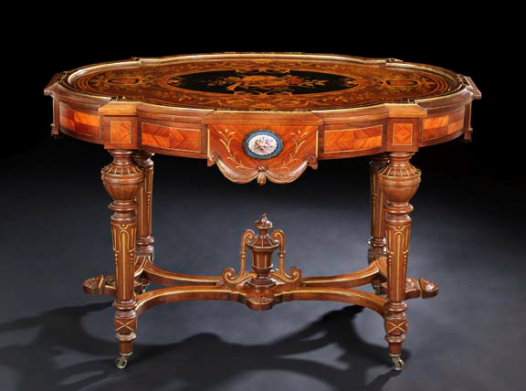 Appraisal: Fine American Renaissance Revival Marquetry Inlaid and Porcelain-Mounted Rosewood and