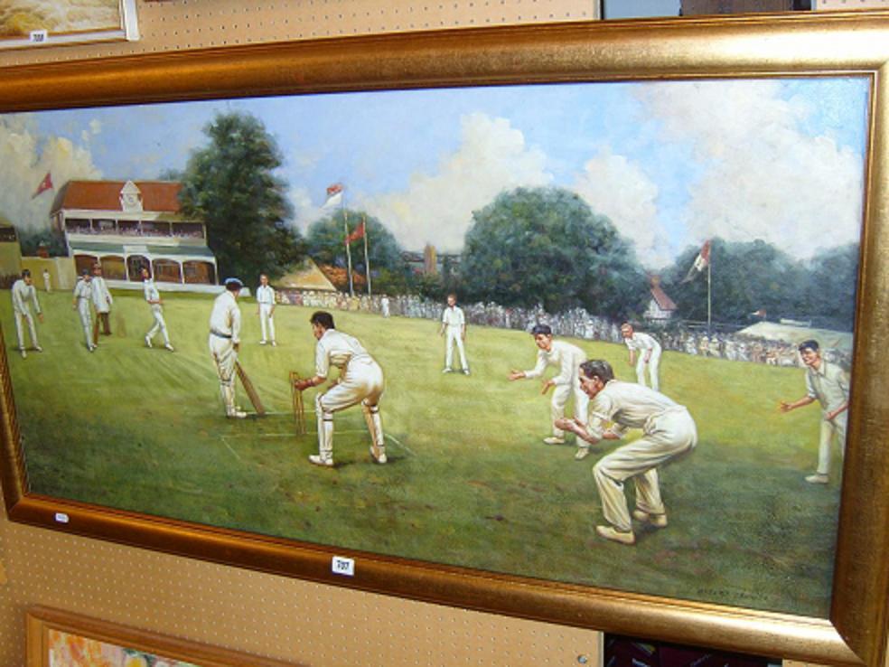 Appraisal: An oil painting on canvas showing extensive cricketing scene with