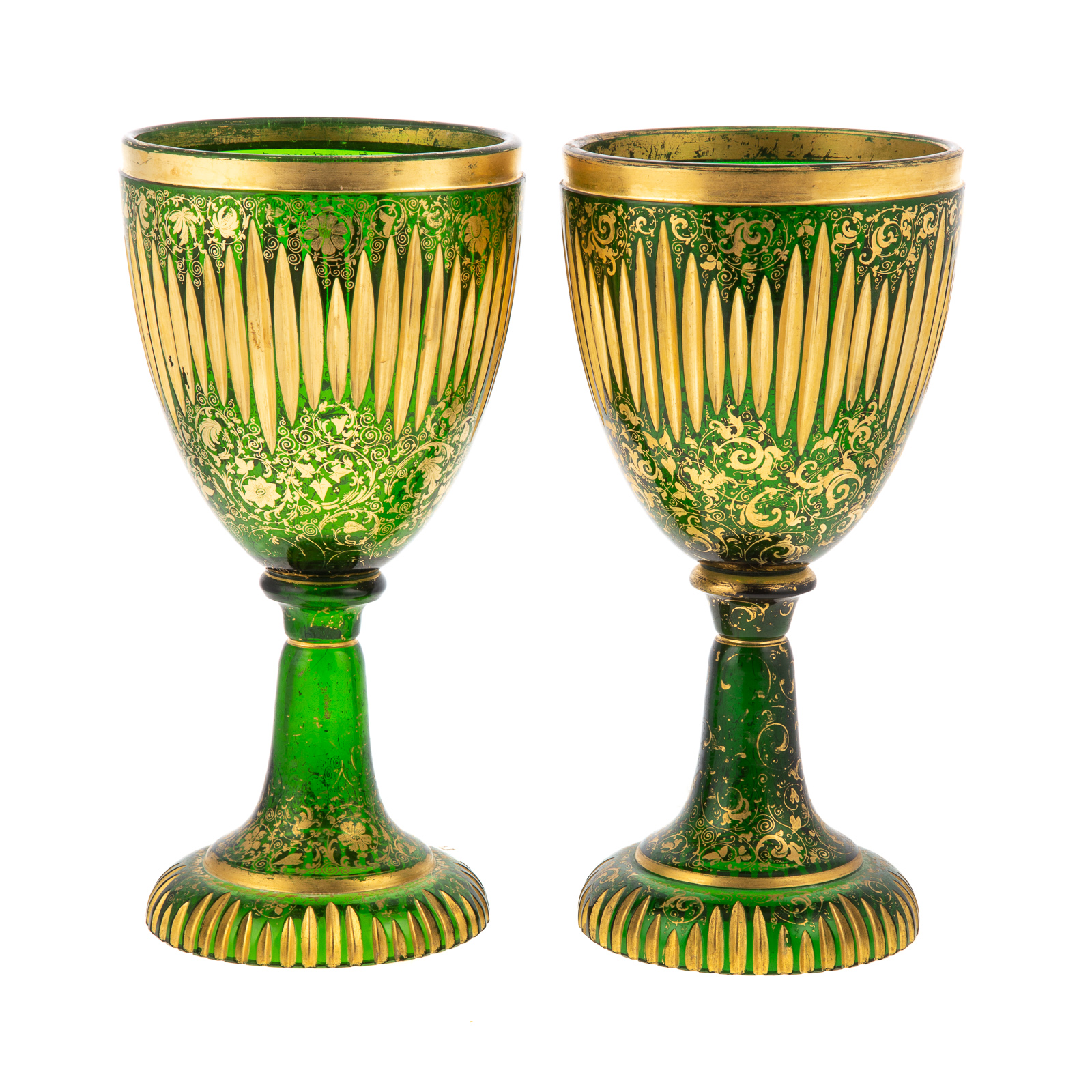 Appraisal: A PAIR OF CONTINENTAL CUT EMERALD GLASS GOBLETS th century