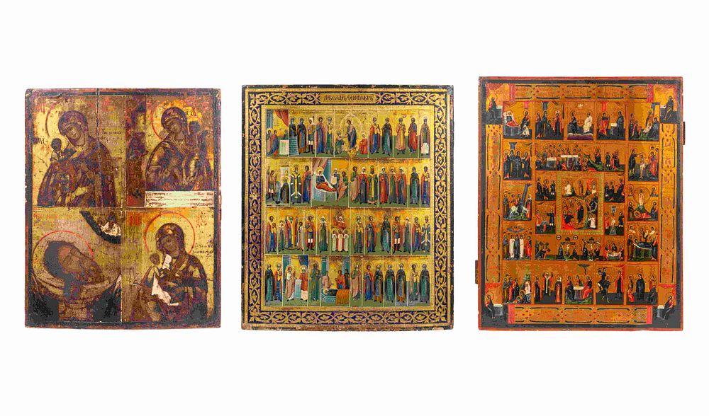 Appraisal: Three Russian Multiple Scene Parcel-Gilt Decorated Icons Three Russian Multiple