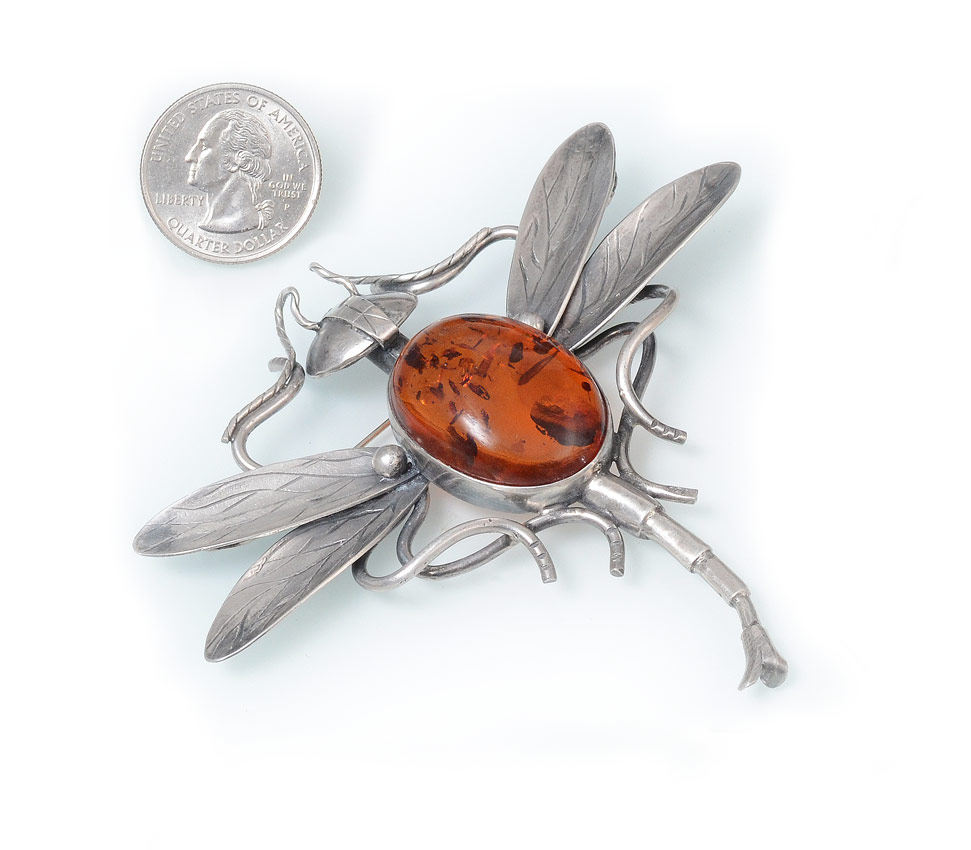 Appraisal: STERLING AND AMBER DRAGONFLY PIN PENDANT Wing span of ''