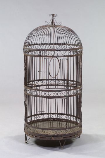 Appraisal: Large Free-Standing Wrought-Iron and Wire Birdcage of cylindrical form with