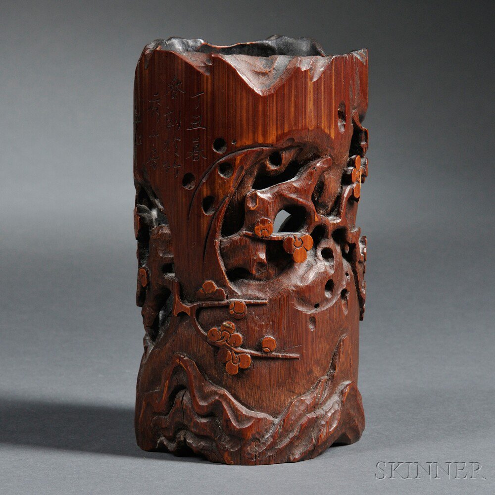 Appraisal: Bamboo Brush Pot China th th century cylindrical carved with