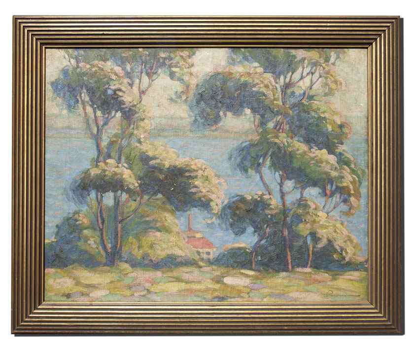 Appraisal: PALUMBO Alphonse American - Landscape with House on a Lake