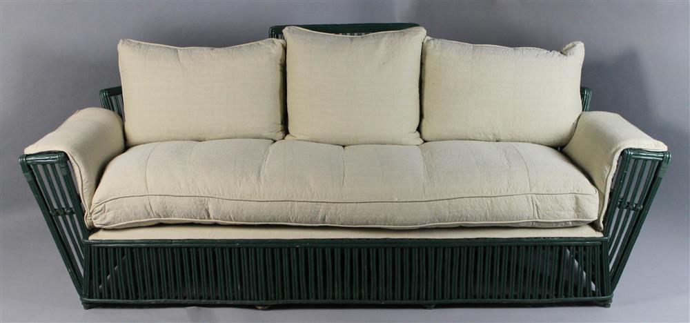 Appraisal: VINTAGE GREEN PAINTED BAR HARBOR STYLE WICKER SOFA UPHOLSTERED IN