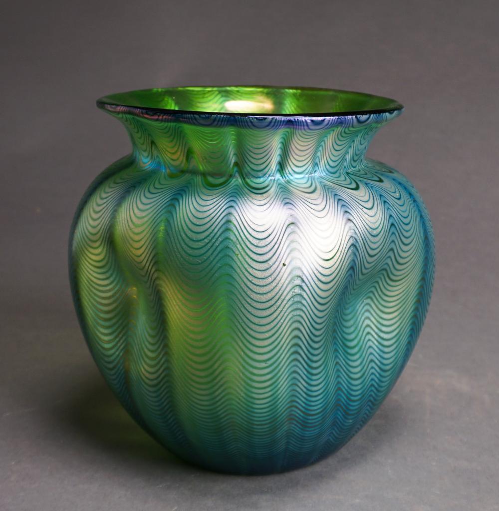 Appraisal: Loetz Green Iridescent Glass Vase H in cm