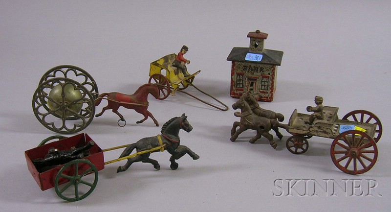 Appraisal: Four Painted Horse and Carriage Toys and a Cast Iron